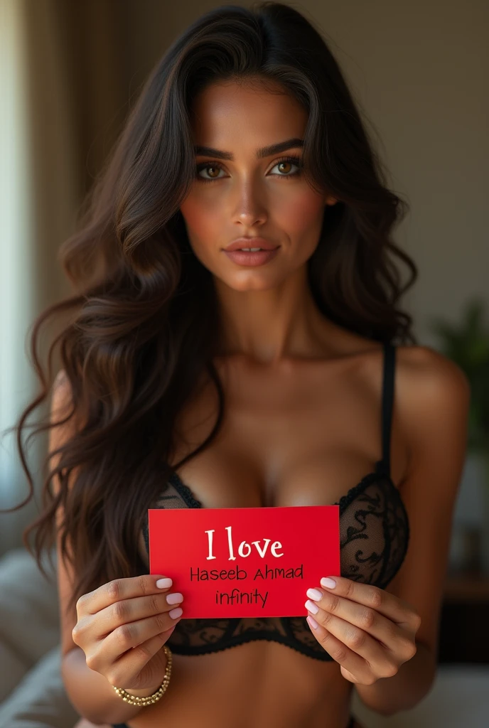 Beautiful arab girl with wavy long hair, having heavy breast arab sexy  lingerie , holding a Red card with text "I Love Haseeb Ahmad  Infinity" and showing it to the viewer