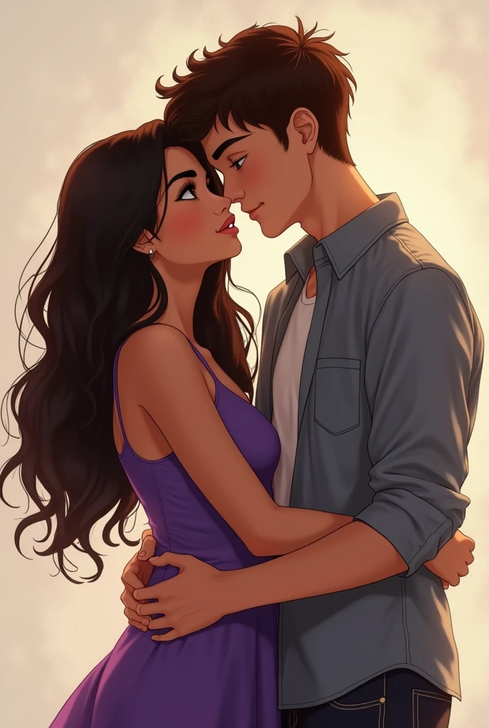 1 girl with long dark wavy hair, dark skin, dark eyes, Latino features, wearing a purple teenage dress and 1 white boy with light brown hair, brown eyes, wearing a casual dress, holding her only by the waist, looking at each other separately.