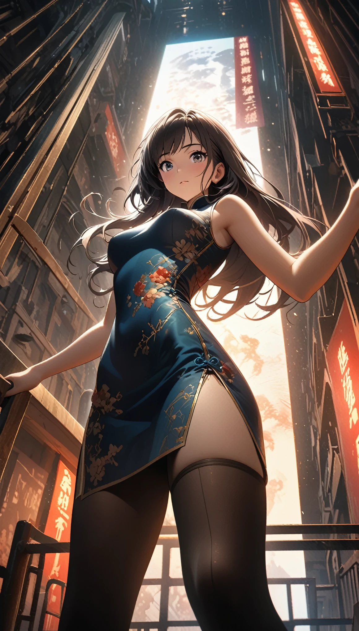 Cheongsam Girl,Long Hair,Pure white background,Depth of written boundary,Low angle view,Calf Level View,Overclocked Renderer,Cinema Lighting,Ultra-fine,Very detailed,complicated,Cinematic Perspective,CG Art,Side zipper