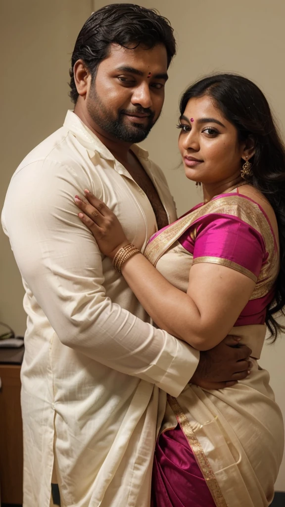 a 50-year-old shirtless man affectionately hugging and kissing aradiant, full-figured South Indian plus-sized 30 year old teacher wearing a cream silky saree in dressing room, captured in a full-body image with vibrant hues and meticulous details. Full body image