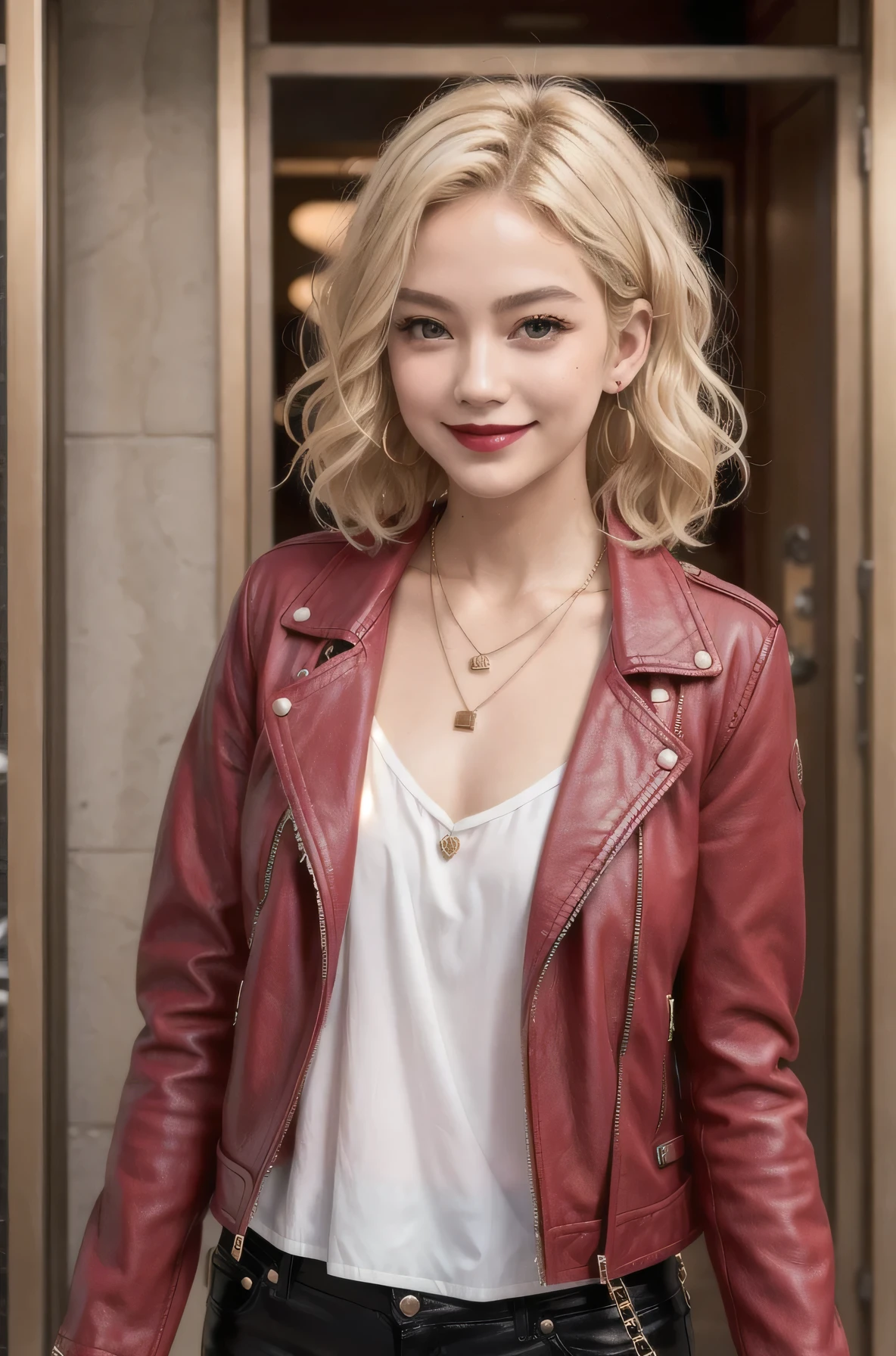 
One blonde girl, her hair is short and wavy, smile、Cherry red lips、Ear piercing、necklace、leather jacket、shirt、In the background is the entrance to the building
