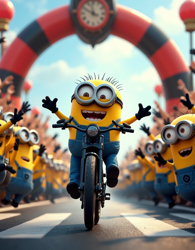Minion Kevin with black bike,cross the finish line, above is the destination gate. Every Minion Praises the Bicycle 