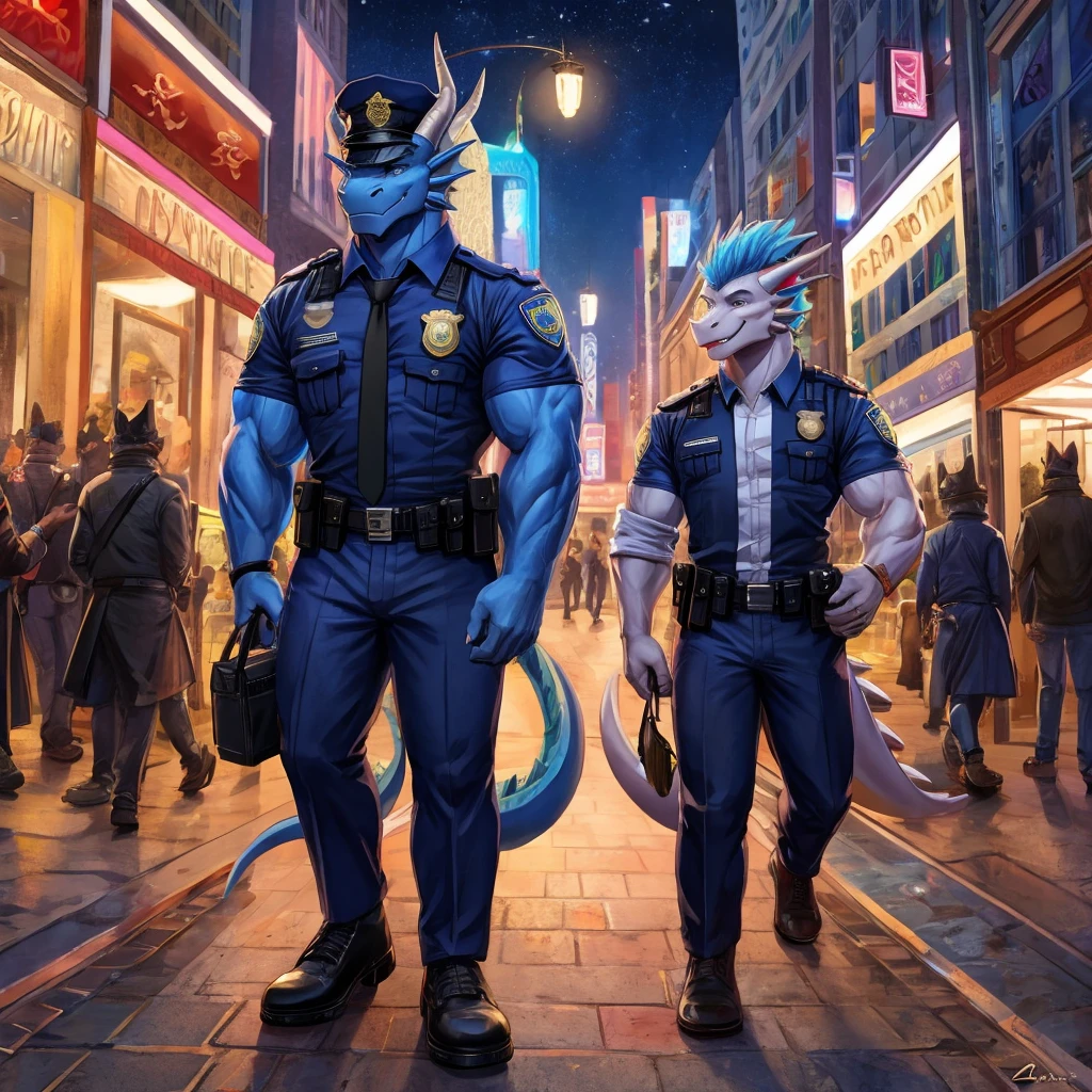 Muscular, furry male dragon, police dress, boys love, on the mall, nighttime