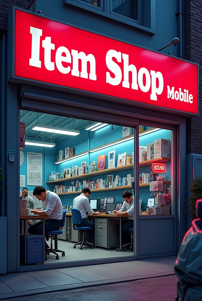 A mobile Repairing and accessories shop has mobile repair people and the name of the shop is ITEM SHOP is written on its board in white and red colour.