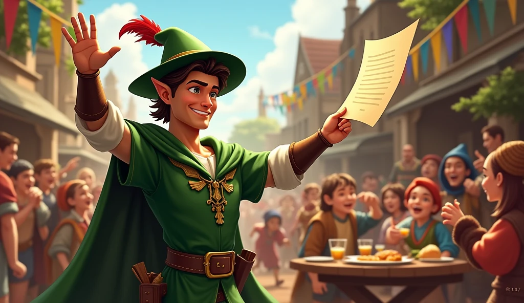 Robin hood on village holding text 1.000.000 Blum congrats on the letter in hand showing to the cameraand behind people dancing and feast
