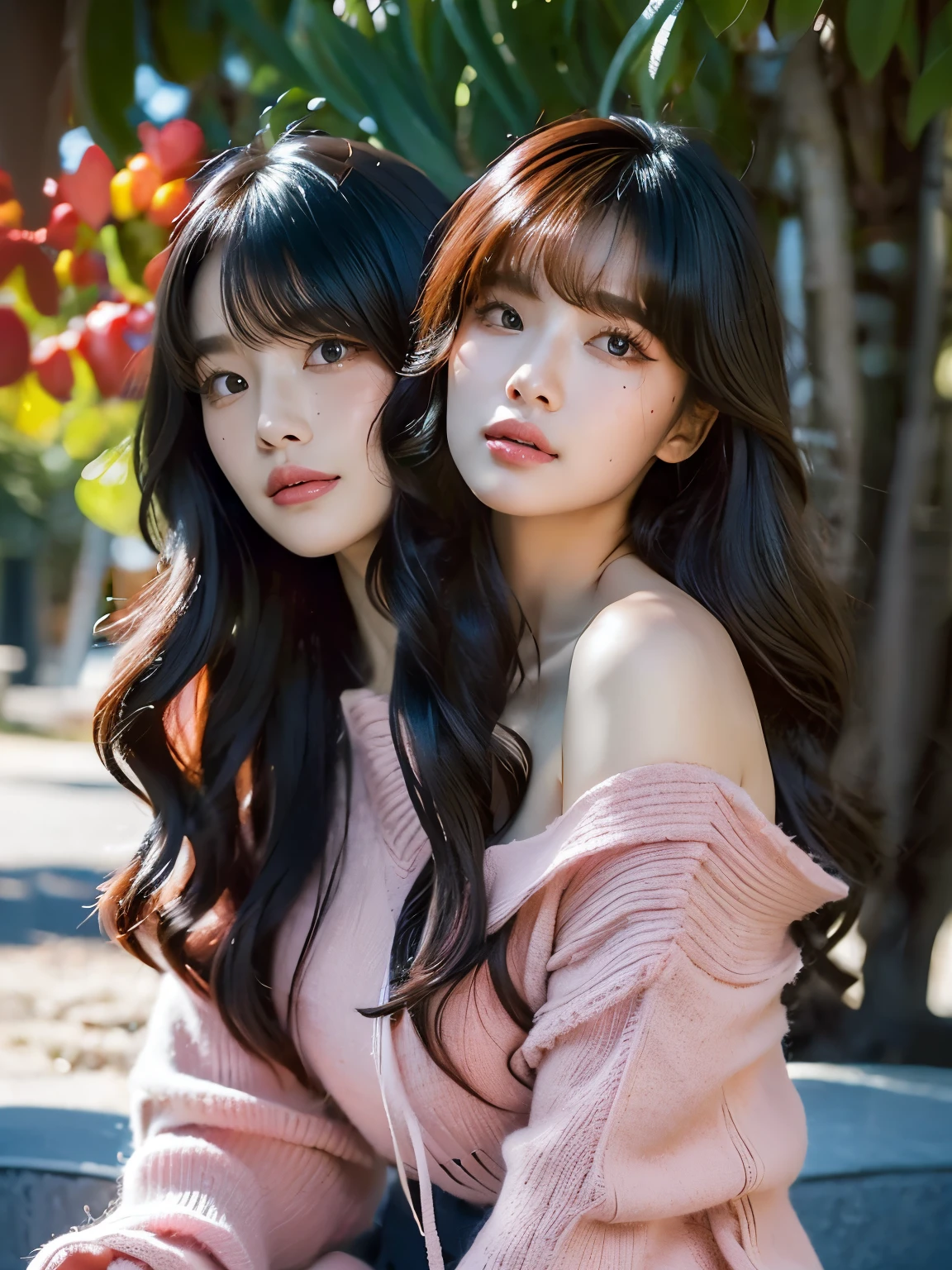 (Two Heads), korean woman with long black hair and pink sweater posing for a picture, lisa black link, , headshot profile picture, park in the fall backdrop, no makeup wavy hair, black hair with dyed pink hair, black  hair with bangs, glowy, inspired by Ion Andreescu, center parted curtain bangs, curtain bangs, sexy face, cute freckles, small freckles, sexy face with full makeup, detailed flawless face, conjoined
