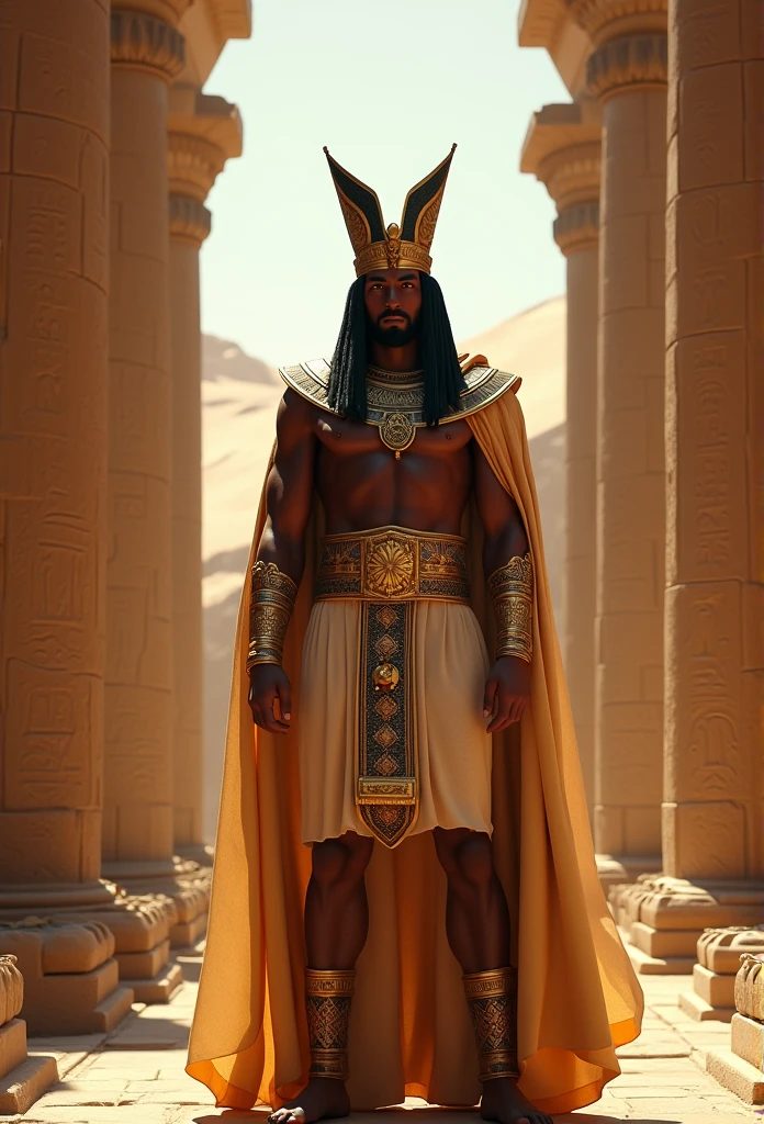 (((Egyptian wearing a crown))) best quality, very high resolution, 4K detailed CG, master piece, Egyptian mythology,Egyptian man,Egyptian temple,Egyptian clothes, desert,Egyptian palace,((standing) ) , aesthetics, Beautiful image, centered on the screen