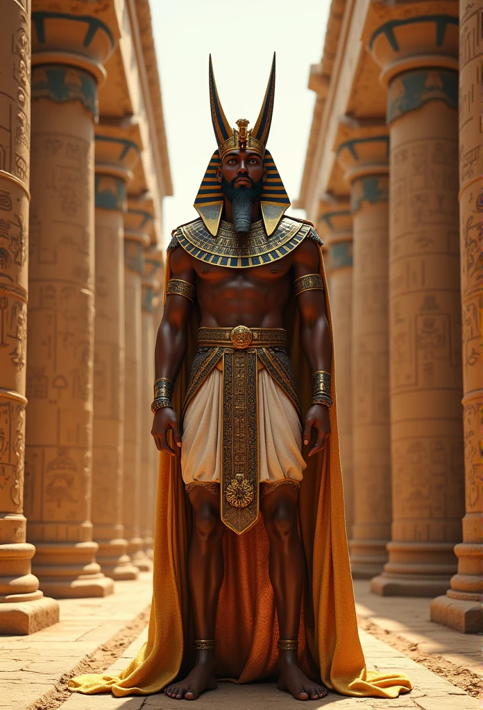 (((Egyptian wearing a crown))) best quality, very high resolution, 4K detailed CG, master piece, Egyptian mythology,Egyptian man,Egyptian temple,Egyptian clothes, desert,Egyptian palace,((standing) ) , aesthetics, Beautiful image, centered on the screen