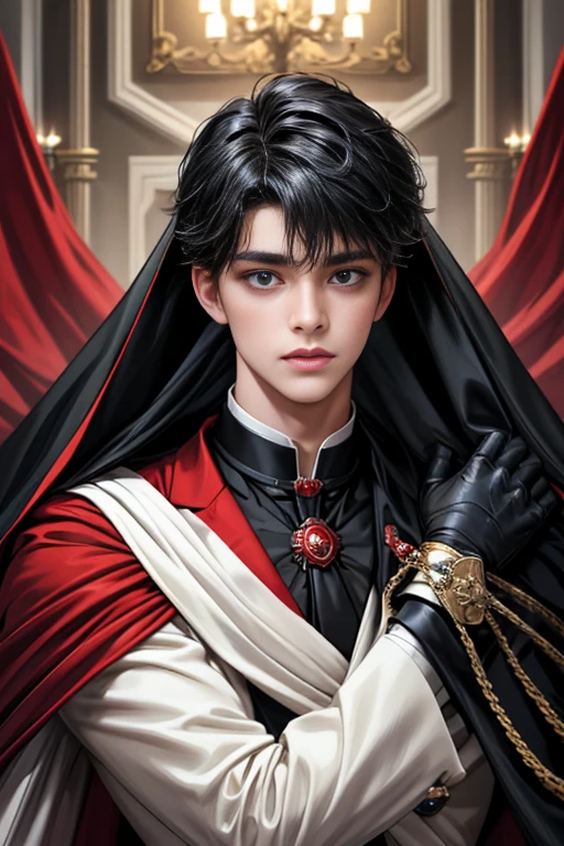 masterpiece, 最high quality, high quality, 1 boy, alone, Male focus, Upper Body,Watching the audience, Messy black hair, Adorable big blue eyes, White, Noble, Noble,A black and red cape that is bursting with sexy volume、Tuxedo、A very voluminous, large, very large, very large, long, long red and black cape with a high stand-up collar, made of a lot of fabric that reaches down to the floor., ,cute beautiful,Cute, cute, kind, handsome guy