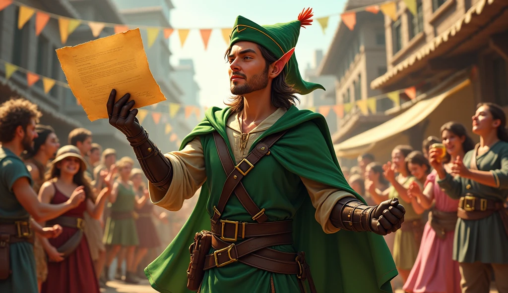 Robin hood on village holding text 1.000.000 Blum congrats on the letter in hand showing to the cameraand behind people dancing and feast