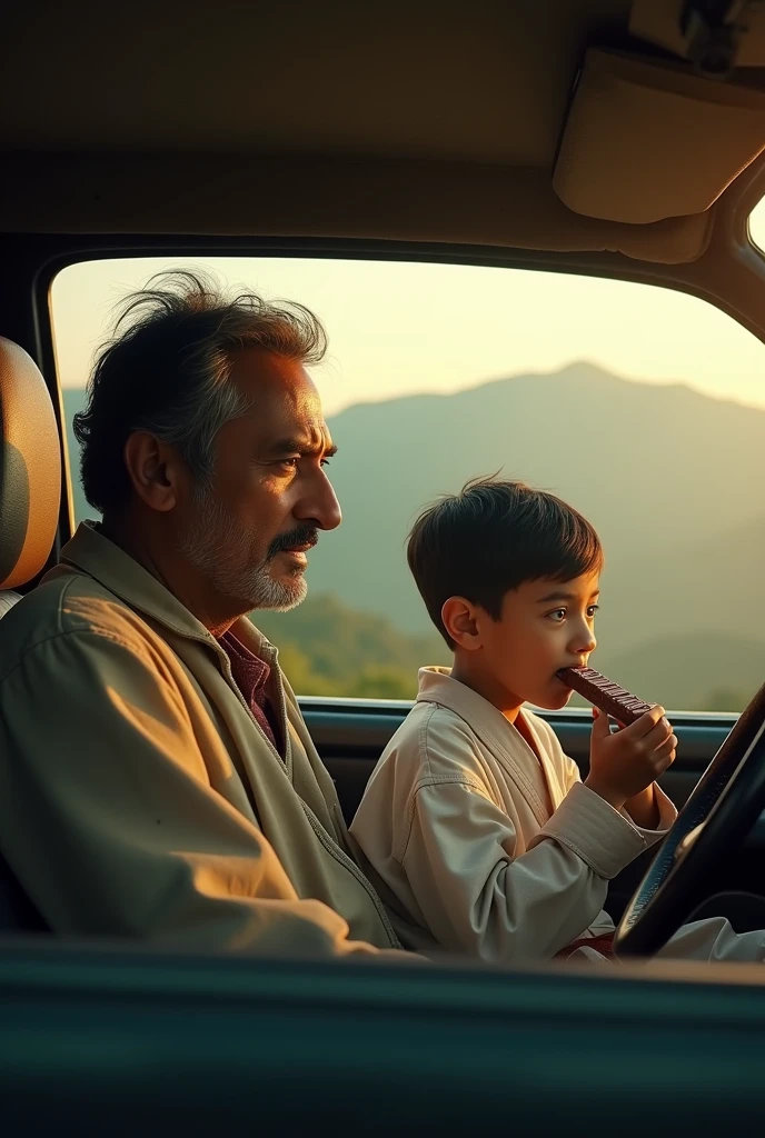 photo realistic, cinematic film poster of a middle class father driving an old maruti Va, wearing old clothes with his son, along the Kalimpong outskirt, son in karate dress, eating chocolate, Darjeeling vibes, evening, front face profile of father and son, mid close up