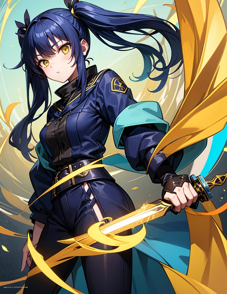 Highest quality　Navy Blue Hair　Yellow Eyes　Twin tails　Wavy hair　Holding a slender sword　Colorful clothes　tall　woman　cool