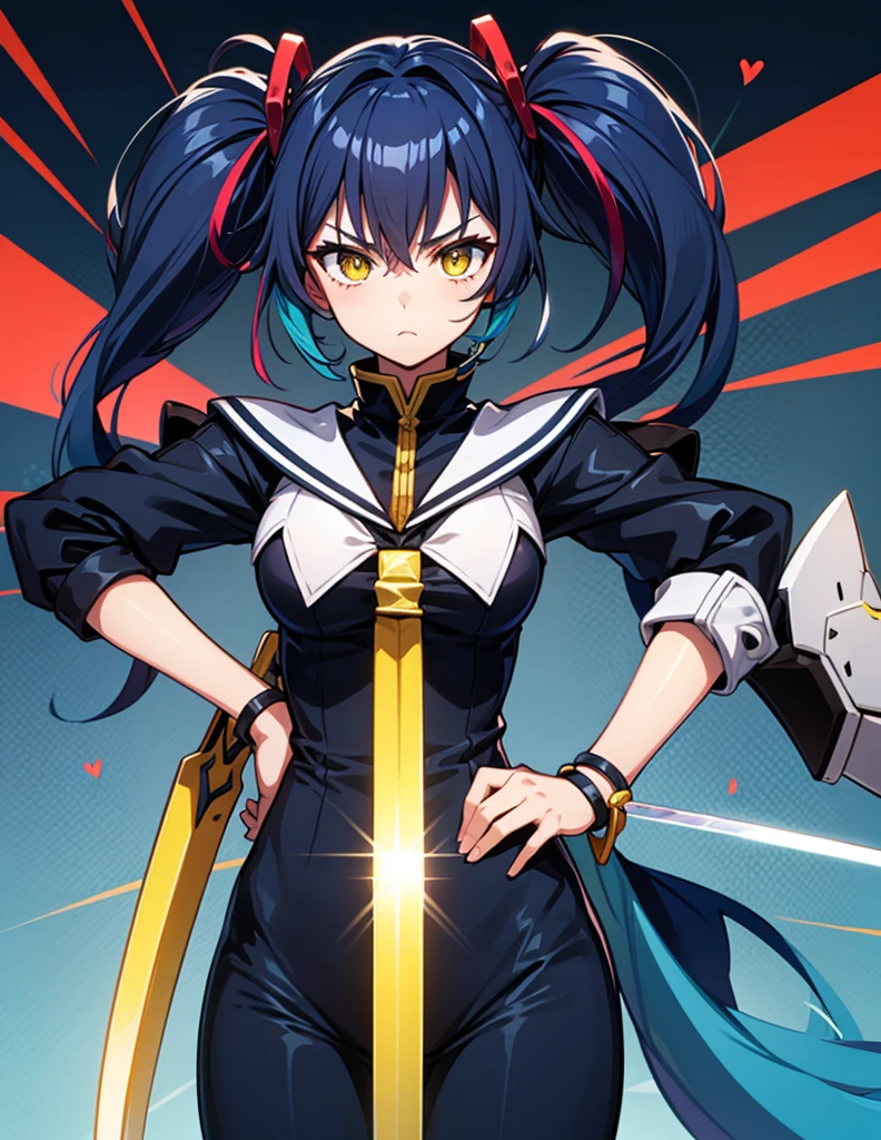 Highest quality Navy Blue Hair Yellow Eyes Twin tails Wavy hair Holding a slender sword Colorful clothes tall woman cool