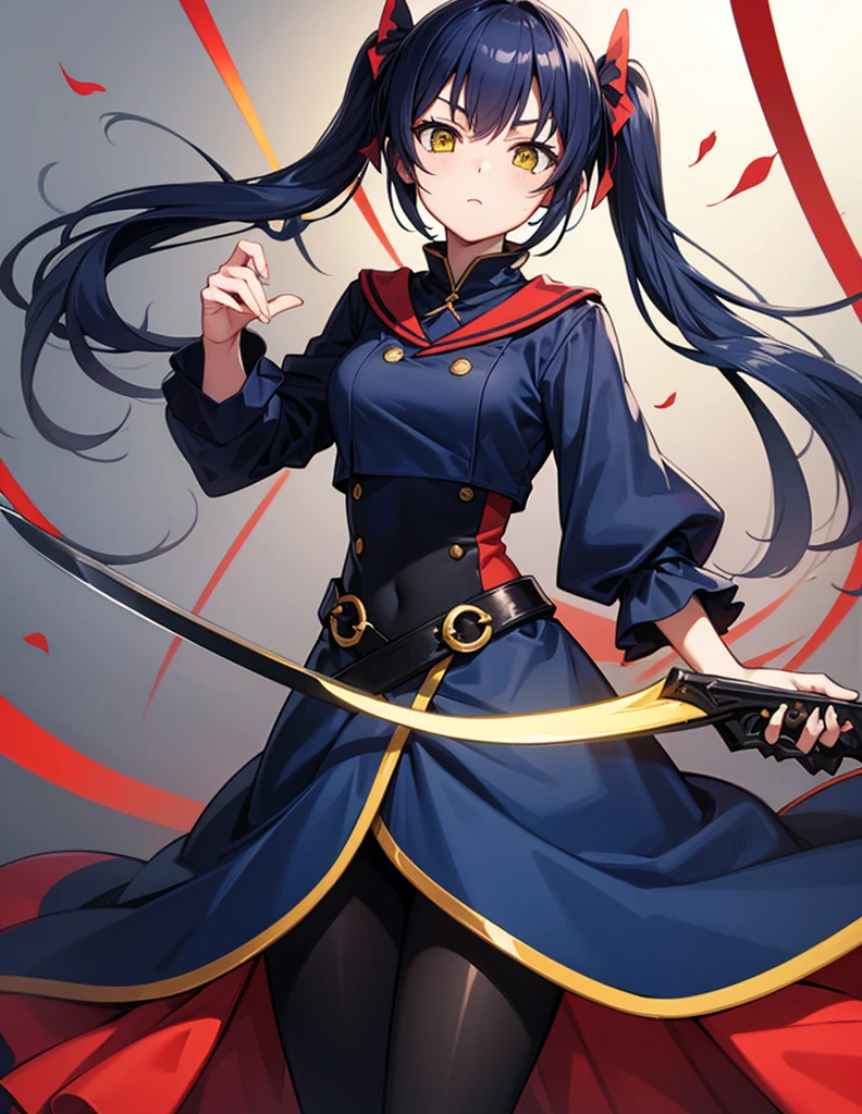 Highest quality　Navy Blue Hair　Yellow Eyes　Twin tails　Wavy hair　Holding a slender sword　Colorful clothes　tall　woman　cool