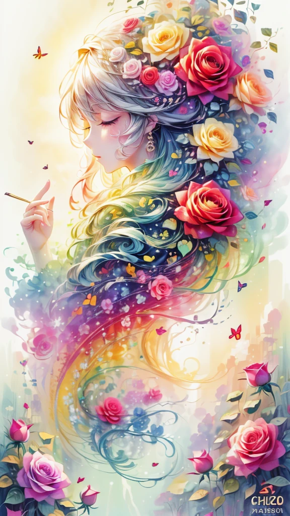 (Side face beauty,long colored hair,close eyes,masterpiece roses),Rainbow color background, (illustration:1.2,paper art:1.2, Zentangle:1.2, 3d rendering),(best quality, detailed details, masterpiece, official art, Lighting effects, 4K, chiaroscuro)