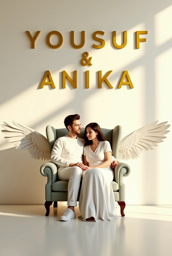 create a 3D realistic Image where a couple in white casualy on a wingback chair, Iooks ahead the backaround features “YOUSUF & ANIKA in big and capital yellow fonts on the white lighting wall. There should not be shadow, and wings should be added to make it appear as if he and she is an angel.