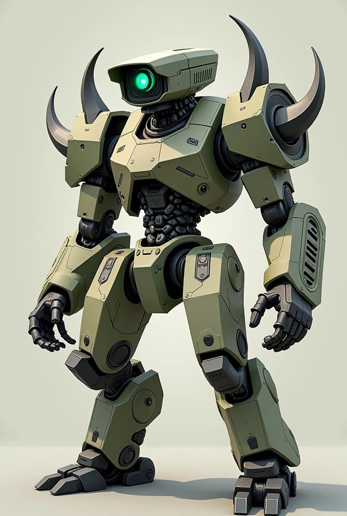Character inspired by a camera with green and white eyes on a surveillance camera head a metal neck a grayish metallic body mix of green beige metal arms tinted green with black for its arms no mouth two metal horns on its shoulder is on its head a dangerous fighter side