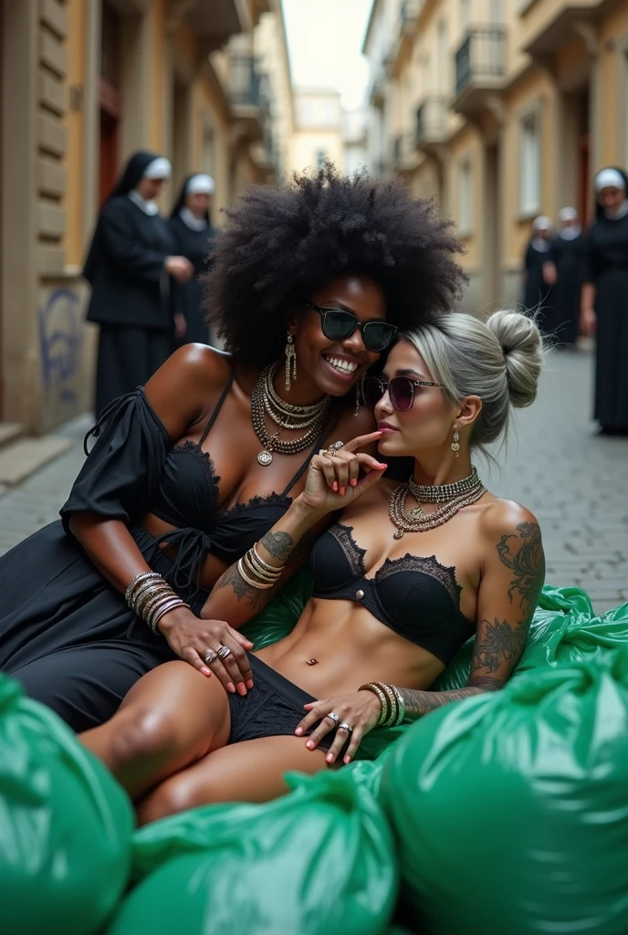 Two milf women lounging on pile of dark  green plastic bags on a narrow street with waste on the floor, nuns in the background. The taller and dominant one: barefoot, dark skinned overweight woman with black afro hair, muscular, african traditional robes and ethnic jewelry, possessive stance (arm around her partner"s shoulders, leaning on her partner and the other hand on her partner's crotch). The russian woman, femenine, very pale skin, slim and weak body, submissive attitude, laid back, long neck, very thin, helpless and weak, Idle hands, wide open legs,.grey hair (bouffant, pouf, top bun) and oversized square sunglasses. Big lips. Black lace push up bra, silicone breast,, low rise black lace thong. Tall pointy knee high heeled leather boots.. Lots of thick wide studded bracelets, chain necklaces and big rings, Long earrings with chains and feathers, Chains around her narrow hips. Neck, chest, stomach, feet, hands, arms and wrists heavily tattoed. Toned abdominals, thin neck, slim legs and thin arms