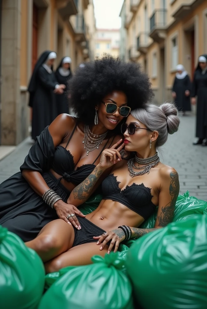 Two interracial russian milf girlfriends: the dominant dark skinned gipsy woman with possessive stance (arm around her partner"s neck , leaning on her partner and the other hand on her partner's crotch) protecting the pale submissive and needy one, who is unconscious in laid back posture and looks up with open mouth with wide open legs (her hair is messy). different clothes but same rock chic style. grey hair (bouffant, top bun) and oversized square sunglasses and wide colourful bandana as headband. Big lips. Black lace push up bra, silicone breast,, low rise black lace thongs. Tall knee high leather boots with necklaces in ankles.. Lots of thick wide studded bracelets, chain necklaces and big rings,. Long earrings with chains and feathers. Chains around their hips. Lounging lazily on a pile dark green plastic bags. Lazy, leaning back, laid back pose, separated legs. Neck, chest, stomach, feet, hands, arms and wrists heavily tattoed. Toned abdominals, thin neck, slim legs and thin arms. Narrow hips. Both, open legs. Full body. At a Madrid narrow street with graffitied walls, ground littered with waste . Some nuns witness the scene. Sunny day