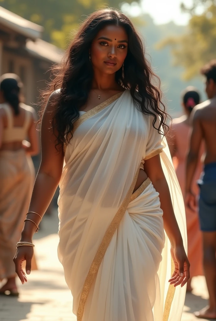 (photorealism:1.2), beautiful thick indian woman, standing, wearing white saree, exposing navel,long curly hair, outdoors, soft lighting, people in background,