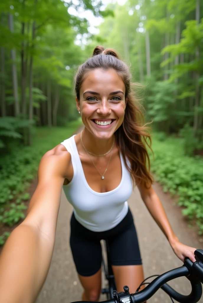 Arafed Femme portant un débardeur blanc et un collier, Fille sexy aux yeux verts, Portrait Sophie Mudd, cheveux bruns et grands yeux, selfie d'une jeune femme.
Fait du vélo le long d’un sentier forestier. Elle porte un t-shirt blanc en coton et un short de cyclisme noir, parfaits pour une promenade active en plein air. Ses cheveux bruns sont attachés en une queue de cheval haute, bougeant légèrement à chaque coup de pédale. Sans maquillage, ses yeux verts sont vifs et concentrés sur la route devant elle. En prenant un selfie, elle tient le guidon d'une main, avec une vue dégagée sur le sentier bordé d'arbres et de verdure dense en arrière-plan. Son sourire est énergique et joyeux, capturant l’excitation et le plaisir d'une balade en pleine nature.