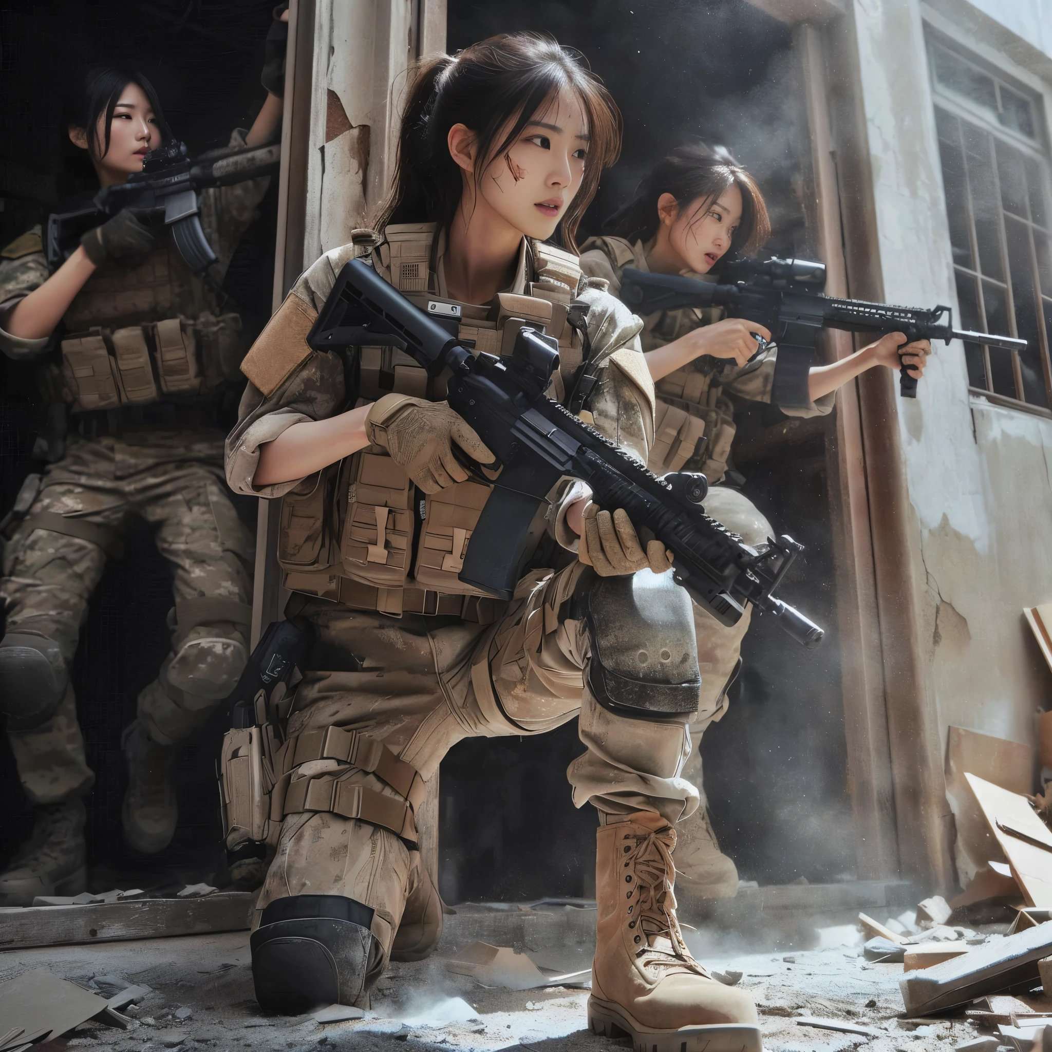 8K, realistic photo, realistic skin texture, Beautiful Japanese women in the US military、Outside the building、explosion、Close call、Walls bursting with debris、They are shouting to evacuate immediately.、Automatic rifle、Bulletproof vest、Back Back、boots、Covered in scars、Grim expression、Dynamic pose、Innovative composition、Dust is flying、傷だらけ