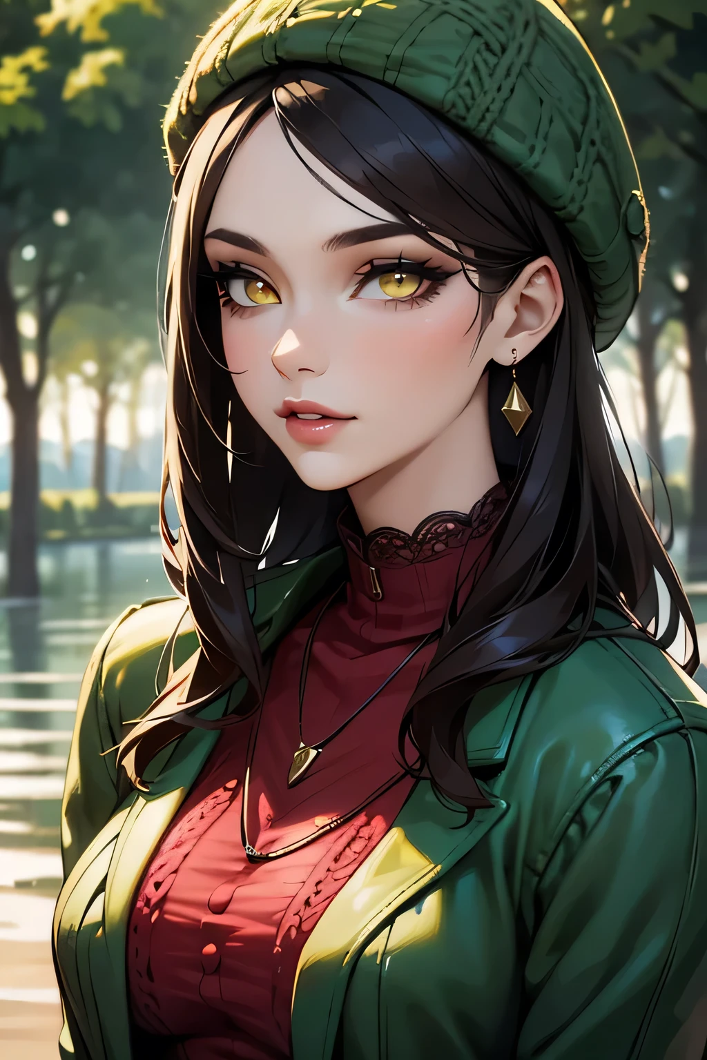 very very sexy girl, brunette hairstyle, wear a woolen hat, wearing a red lace collar, wearing green jewelry, NECKLACE, earnings, In a green jacket, Shot in the body, detailed skin, detailed face, detailed lips, detailed eyes, ((yellow eyes)),  light makeup, textured leather, super detailed lighting, country background, summer atmosphere, lake, 