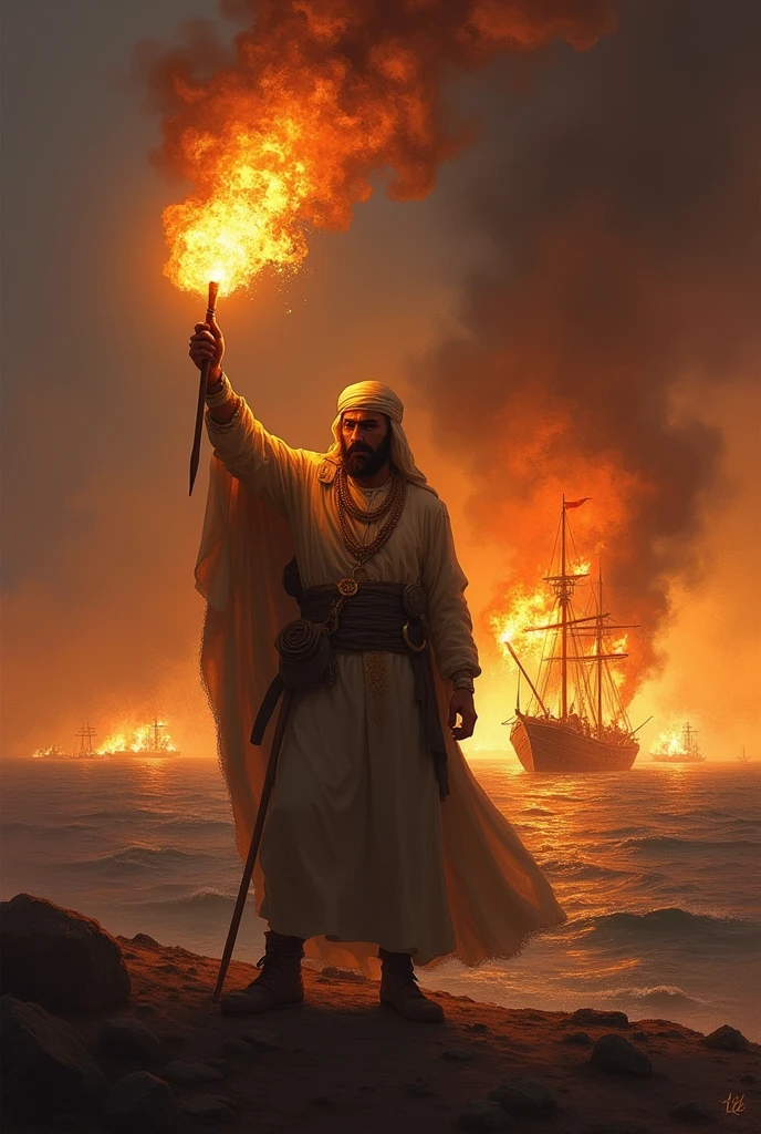 "A symbolic image of Tariq ibn Ziyad holding a burning torch high, with the fleet ablaze behind him, signifying the point of no return for his army as they embark on their historic campaign."