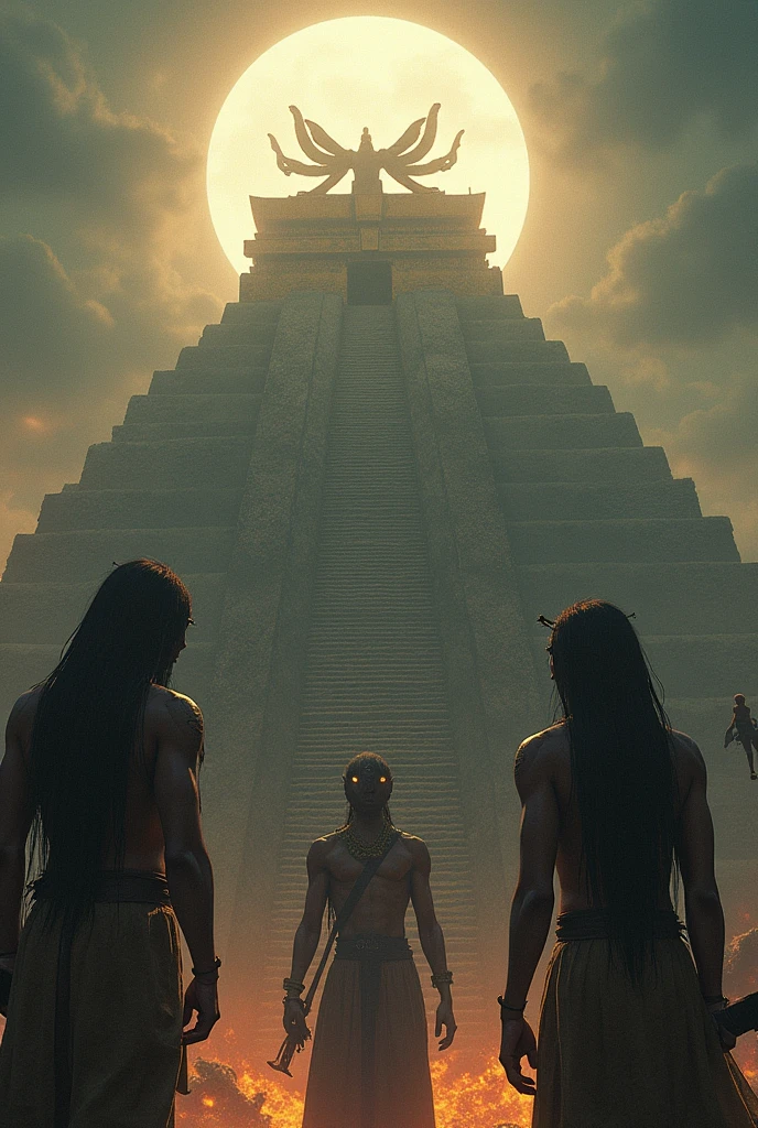 Aztec warriors hybridized with alien features offering sacrifice to the gods at the top of a pyramid for the deities that shine more than the sun with long hair white eyes and muscle mass greater than that of human beings in their hands they carry what appear to be advanced weapons but made of meteorite stones