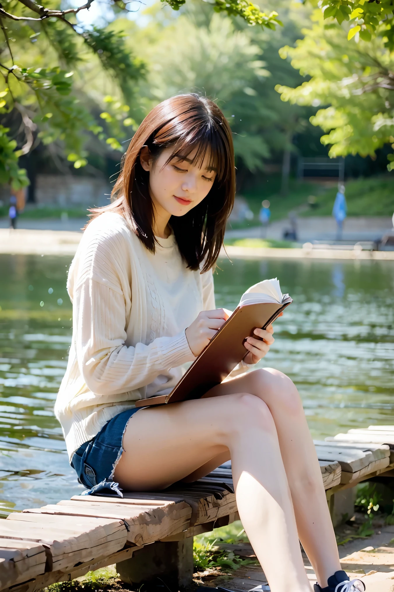 Girl reading a book by the lake, Bright colors, spring, Willow Branch, comforting, warm sunlight