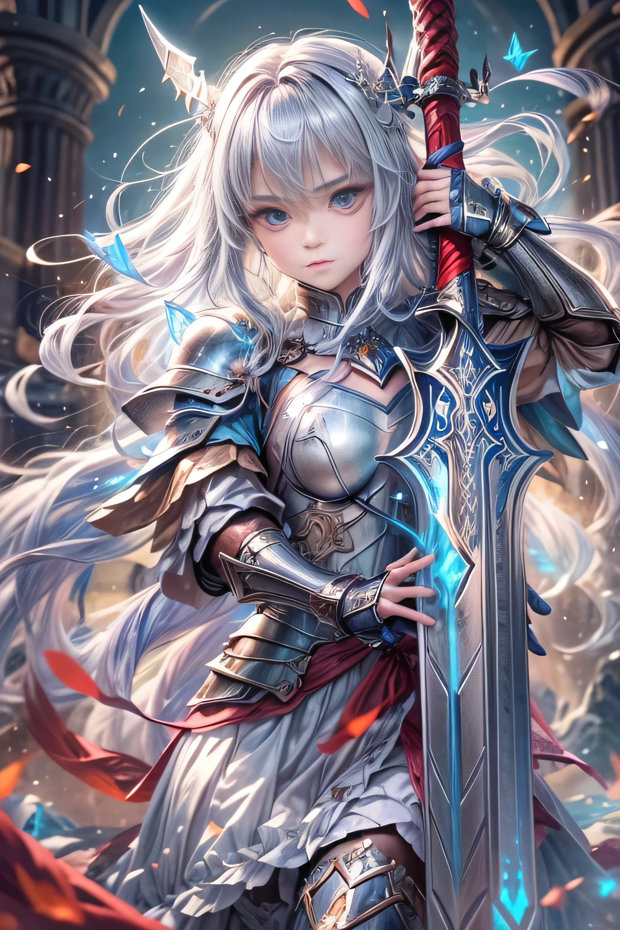 A female knight recognized by the legendary holy sword Excalibur、With the protection of the spirit of light, it emits an aura of light.、8k.Half Russian and half Japanese、Russian face、beautiful girl、A princess with the title of Dragon Slayer、、Small face、Young face、Big eyes、Skinny、Small breasts、（（（Silver Hair、Silver Hair）））、With bangs、（（（High resolution big beautiful light blue glowing eyes, ）））、Shortcuts、Bobcut、（（（Red ribbon in hair、Floral decoration）））、Partially braided、Transforms into an armored knight at the call of the holy sword Excalibur.、Large sword、A holy sword that emits a pale blue light、（（god々He holds up his sword, shining a deep blue, to the sky.））、god々A sword that shines brilliantly、Magic Sword Light Shield、Armor of Light、fantasy landscape、Fantasy、（Battle with the Dark Knight、Fighting the Demons、Fighting the beastmen）A dragon knight riding a flying dragon through the sky、The sword swings down, leaving a trail of light in its wake.