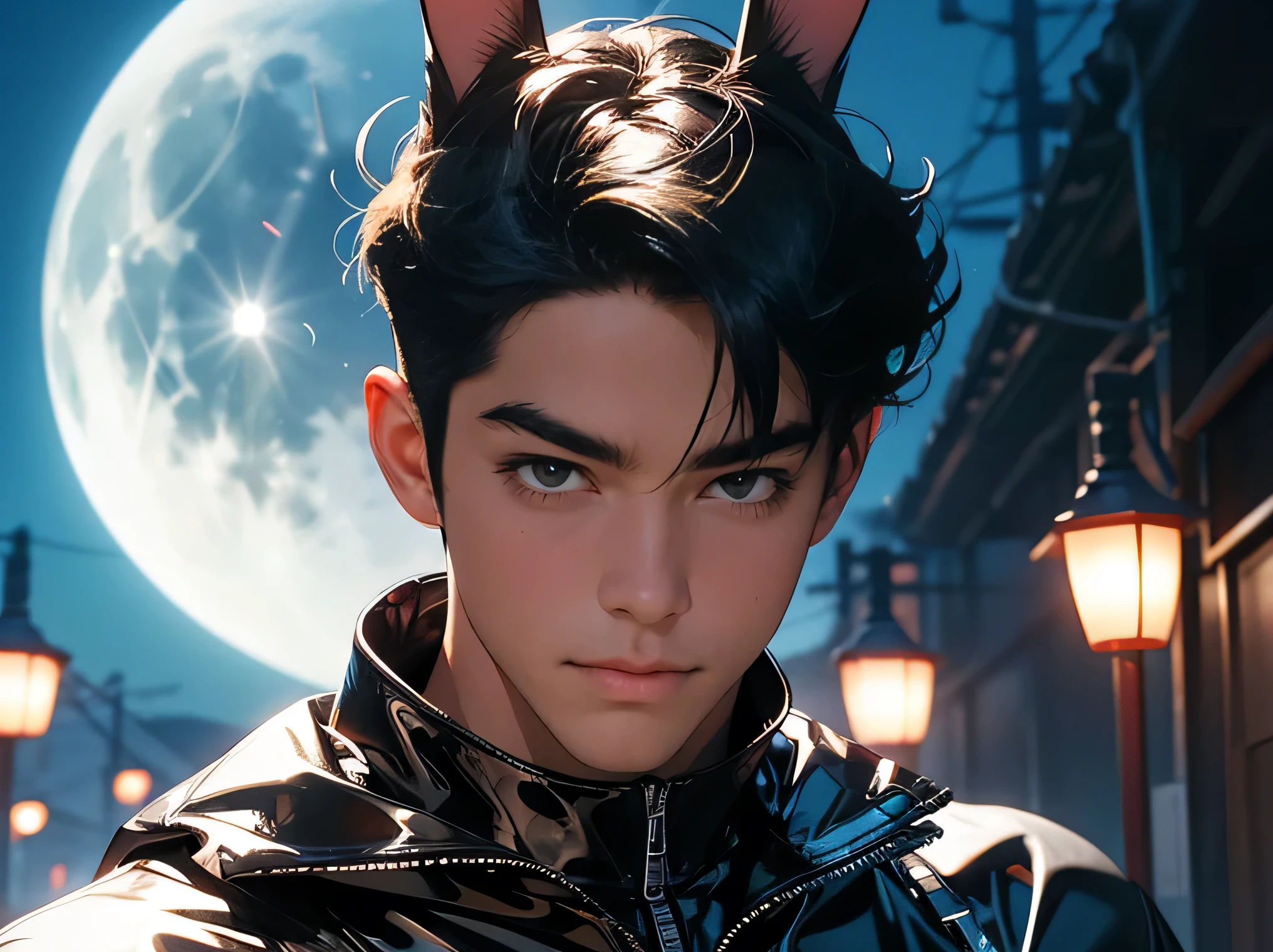 　Japanese　　Handsome model　Fierce　　2　male　　smile　　　Black Hair　　Short cut　Short hair　　　looking at the camera　　　　　Shiny full-body silver suit　　Shiny silver latex suit　　looking at the camera　future world　 　Background full moon　Upper Body　Face close-up　　Bunny ears　　　Mochi pounding　　　Upper Body　Face close-up　　Bunny ears　