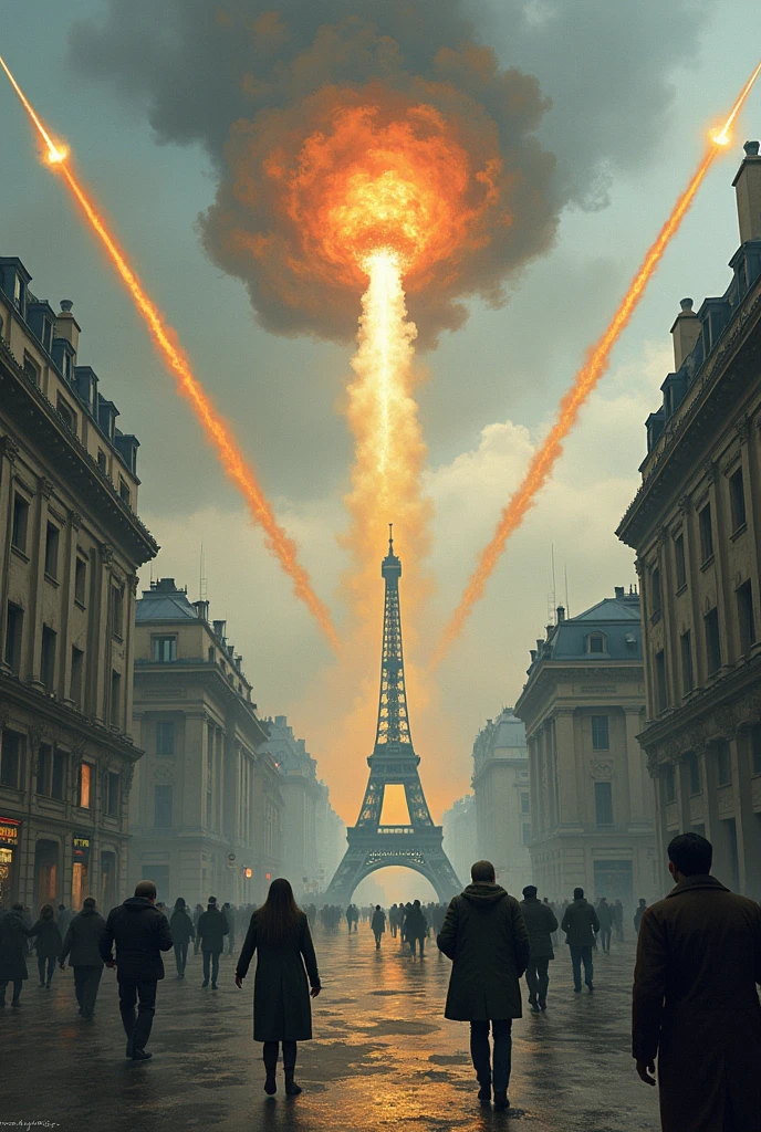 The Third World War in Paris. Nuclear missiles can be seen in the air. Draw the picture in the style of Claude Monet. 