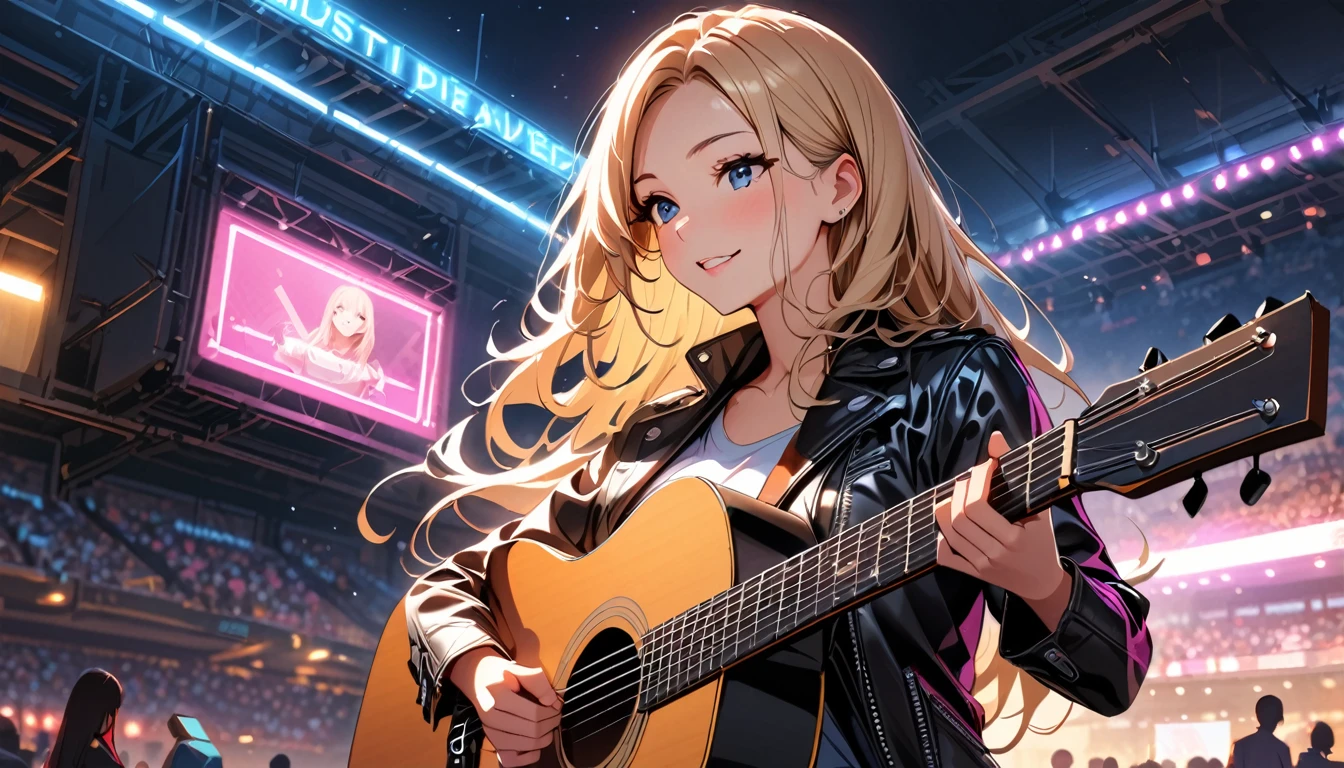 (Highest quality:1.2, Very detailed, up to date, Vibrant, Ultra-high resolution, High Contrast, masterpiece:1.2, Highest quality, Best aesthetics), Portraiture、girl、singer、performance、Rock Music、Bright colors、Beautiful attention to detail、Beautiful lip detail、Long Hair、Mike stand、Music band、Cheerful pose、leather jacket、Dynamic Movement、hypnotic sounds、Stadium、amplifier、noise々new crowd、Loud music、(((Acoustic guitar、A quiet room、night、Neon Light)))