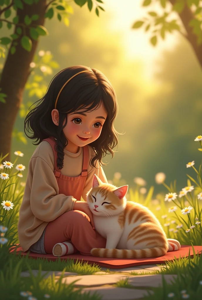 17. **Happy Ending:**
    - A final scene of Ayesha  girl and Muna (cat)sitting together in the garden at sunset, both content and happy, having fulfilled their promise to always be there for each other.