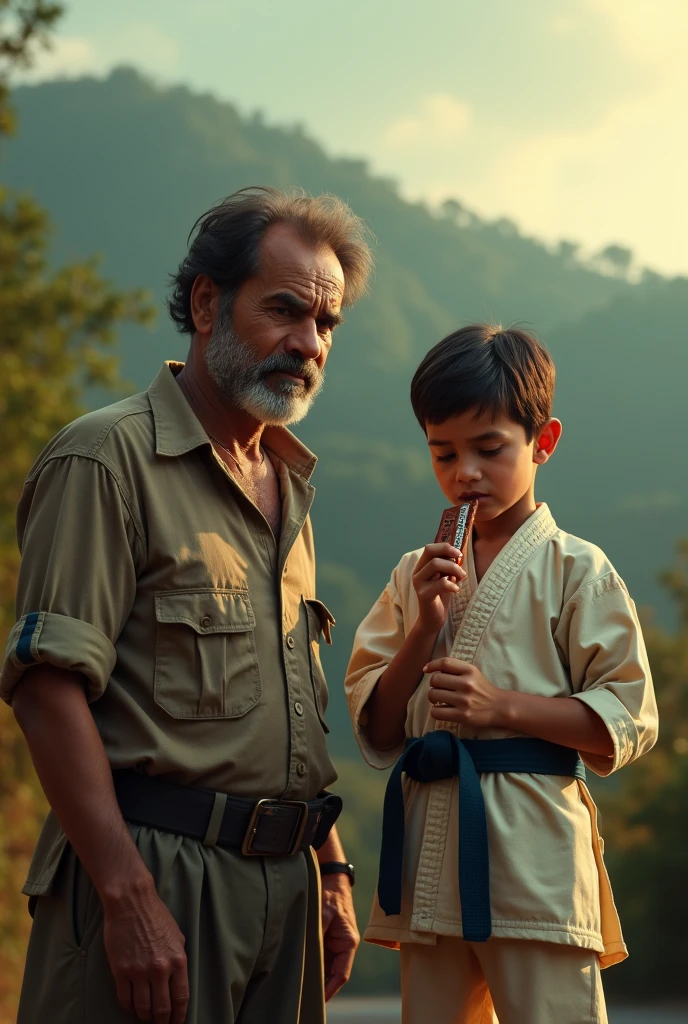 photo realistic, cinematic film poster of a middle class young father driving an old maruti Va, wearing old clothes with his son, along the Kalimpong outskirt, son in karate dress, eating chocolate, Darjeeling vibes, evening, front face profile of father and son, mid close up