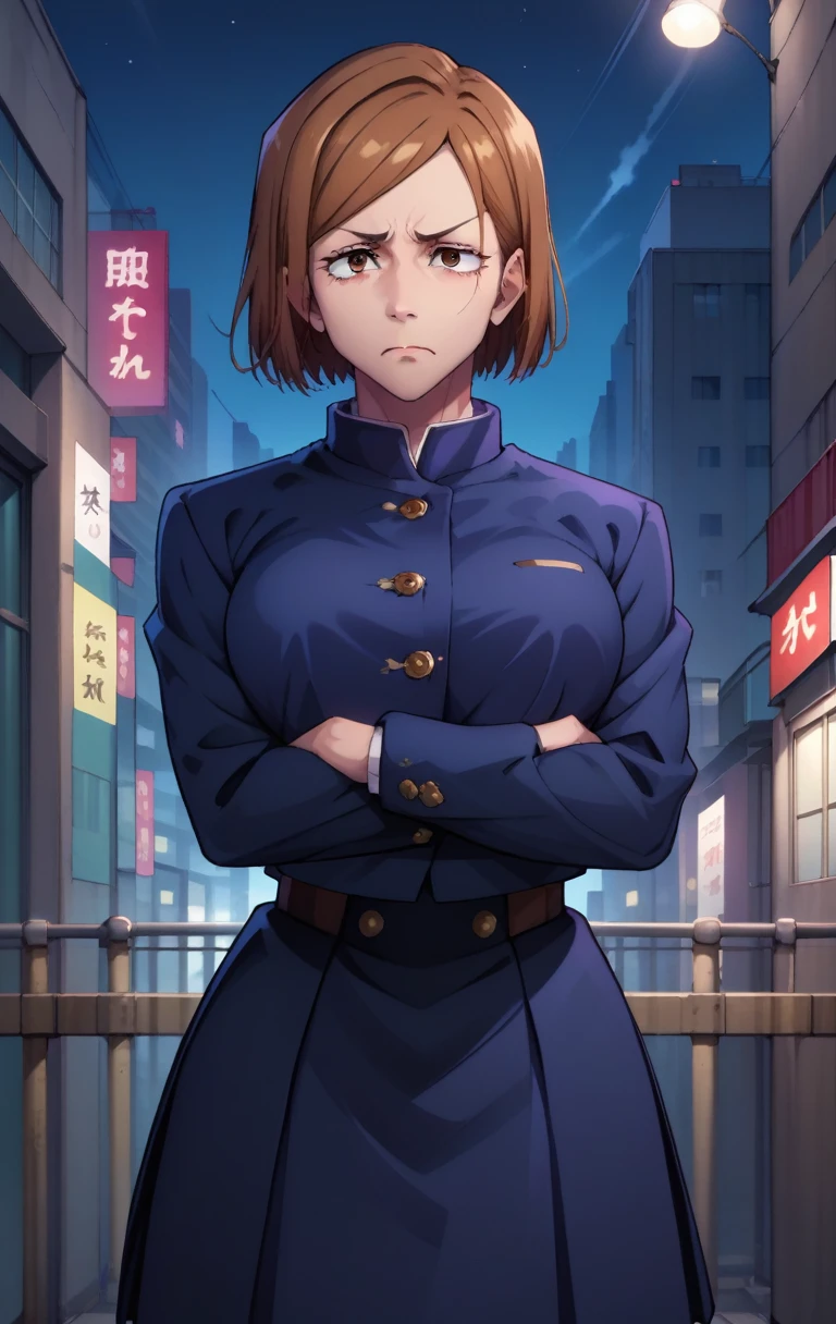 score_9, score_8_superior, score_7_superior, score_9,  Breaking XL, One girl, alone, chest, View your viewers, short hair, bangs, skirt, large chest, Brown Hair, Long sleeve, Brown eyes, Mouth closed, school uniform, Jacket, night, Arms crossed, blue Jacket, building, city, gakuran, arms under chest, Kugisaki Nobara, Cowboy Shot