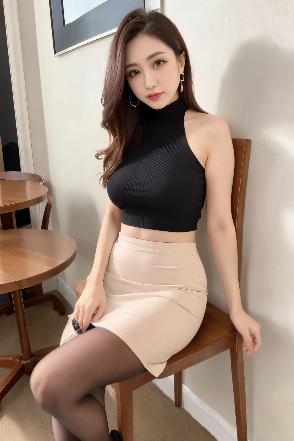 (((8k、High resolution、Highest quality、High resolution)))alone、Cute beautiful mature woman、(Long pencil skirt、Halter Neck Summer Sweater)、(Ultra-realistic pantyhose),　Luxury Lounge、Sit on a chair、With legs crossed、Full Body Shot:1.3