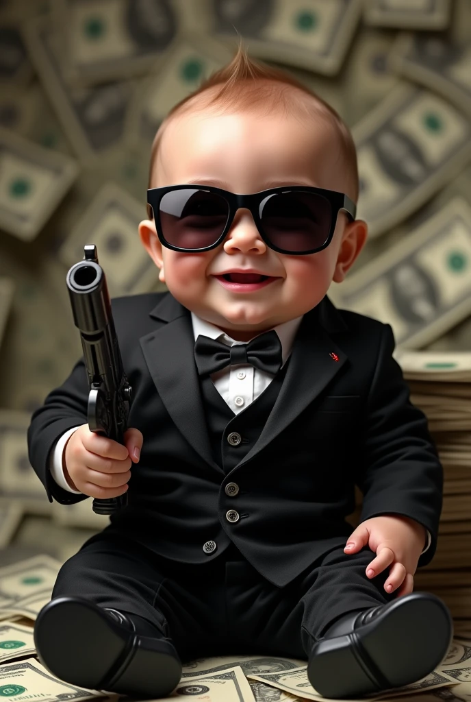 smiling loudly with black suit, black sunglasses holding gun background money