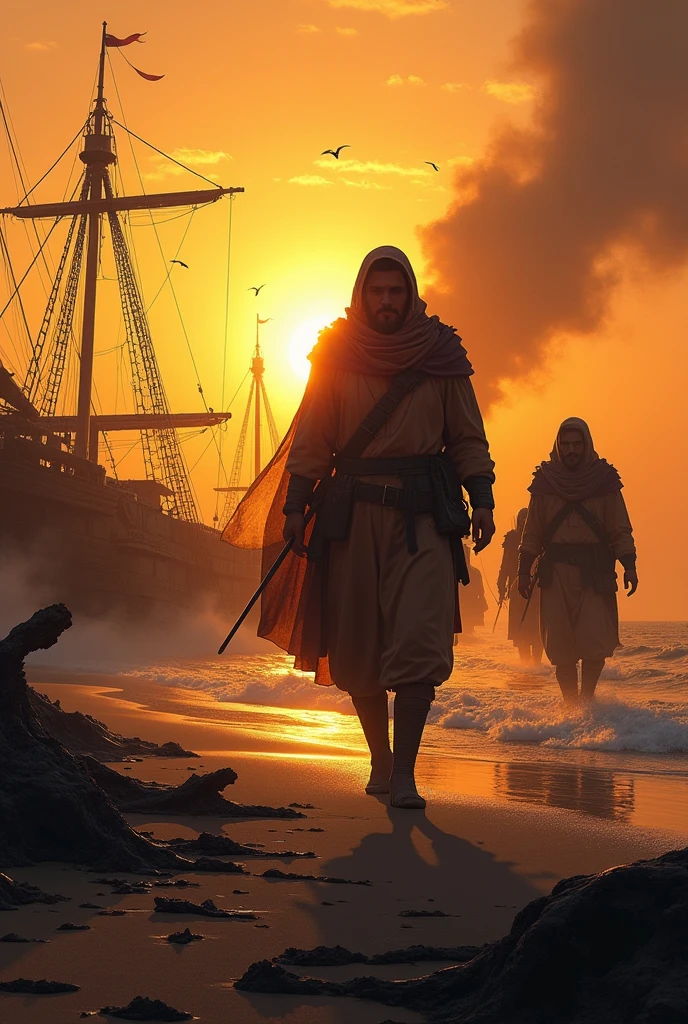 The charred remains of the ships floating near the shoreline after the fire has died down, with Tariq ibn Ziyad leading his men inland, the morning sun rising behind them."
