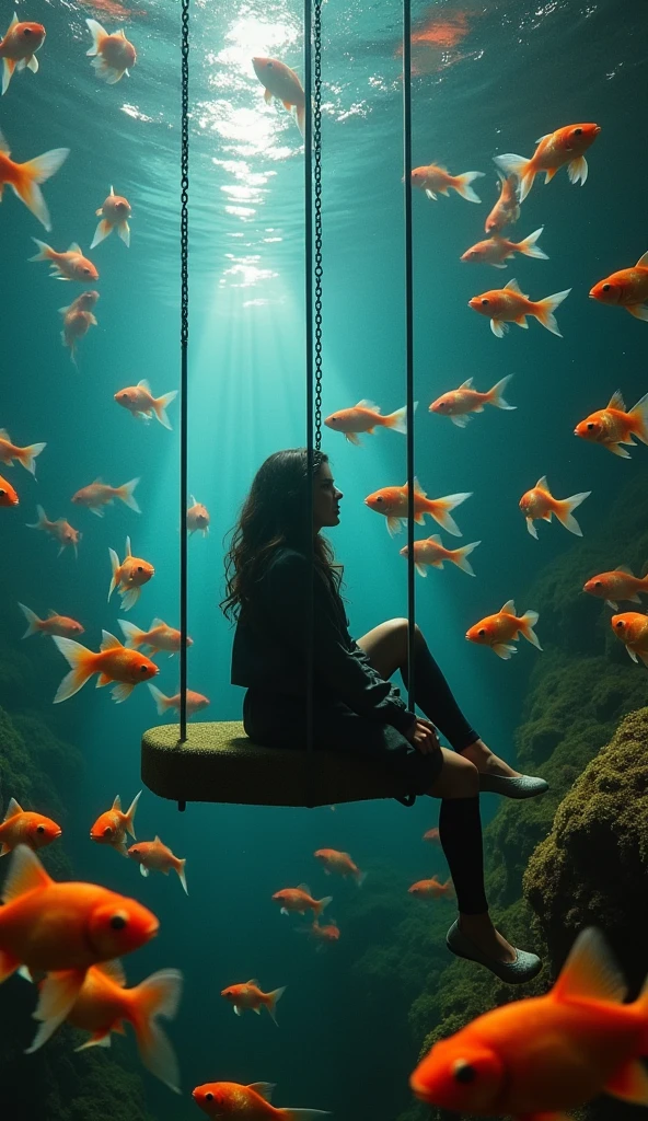 A woman sitting in an underwater tram surrounded by goldfish, realistic, hyper realistic, cinematic lightning