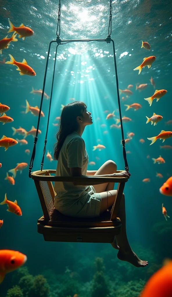 A woman sitting in an underwater tram surrounded by goldfish, realistic, hyper realistic, cinematic lightning