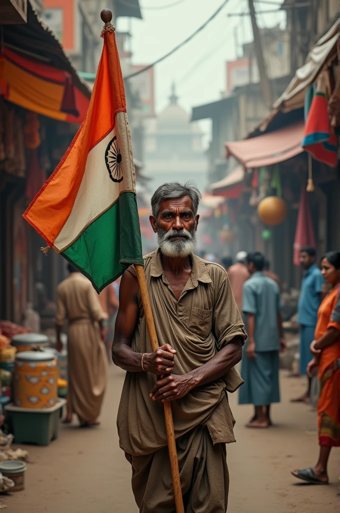 Poor man in tha market place with Indian flag