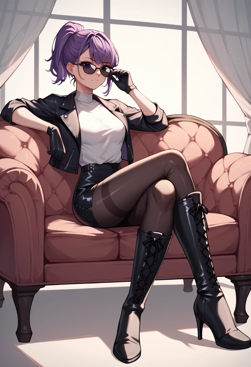 score_9, score_8_up, score_7_up, score_6_up, score_5_up, score_4_up, source_anime, 1girl,kafka, purple hair, ponytail, short hair, sunglasses, purple eyes, leather jacket, white shirt, black skirts, Pink Nylon Tights, black thigh high boots, heels, tapes, sofa, sit, crossed legs, leather gloves, best quality, best res, 4K UHD,
 