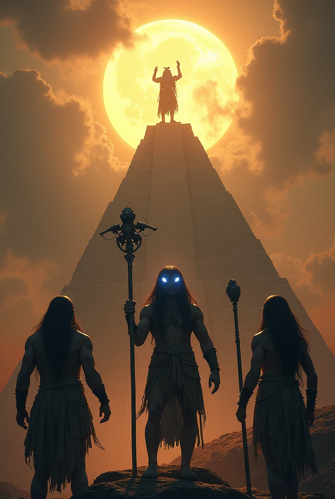 Aztec warriors hybridized with alien features offering sacrifice to the gods at the top of a pyramid for the deities that shine more than the sun with long hair white eyes and muscle mass greater than that of human beings in their hands they carry what appear to be advanced weapons but made of meteorite stones
