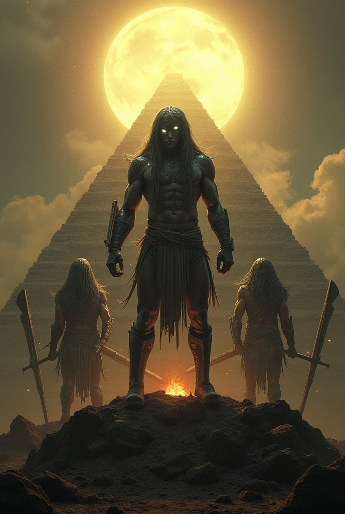 Aztec warriors hybridized with alien features offering sacrifice to the gods at the top of a pyramid for the deities that shine more than the sun with long hair white eyes and muscle mass greater than that of human beings in their hands they carry what appear to be advanced weapons but made of meteorite stones