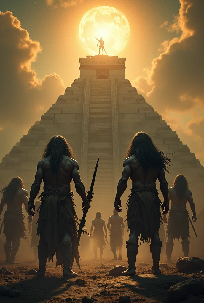 Aztec warriors hybridized with alien features offering sacrifice to the gods at the top of a pyramid for the deities that shine more than the sun with long hair white eyes and muscle mass greater than that of human beings in their hands they carry what appear to be advanced weapons but made of meteorite stones