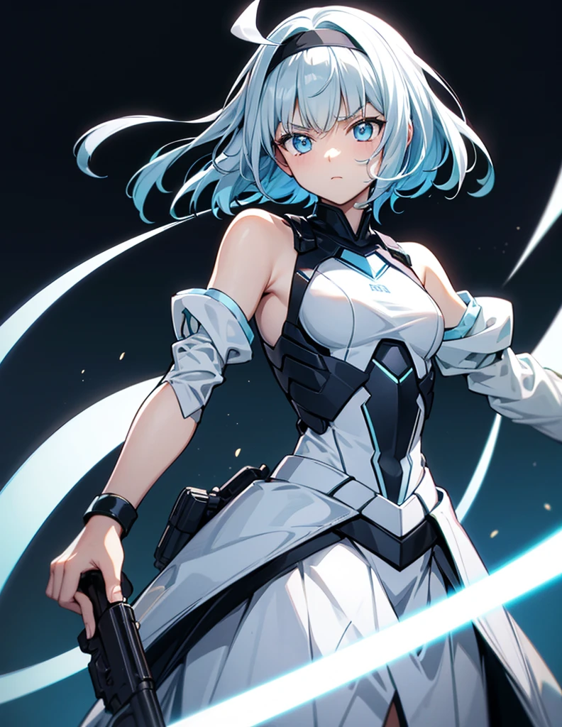 Highest quality Light blue hair Light blue glowing eyes Pure white, cool clothes There are no sleeves on the shoulders He has a gun woman Small breasts Expressionless Wearing a white headband cute