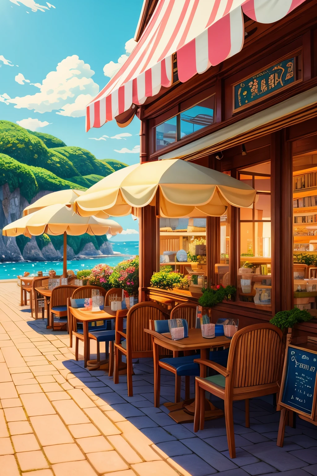 Soft Light Seaside Cafe Ghibli style An illustration