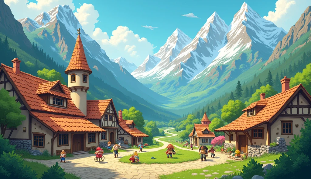 Show Between mountains one old village thier people cartoon